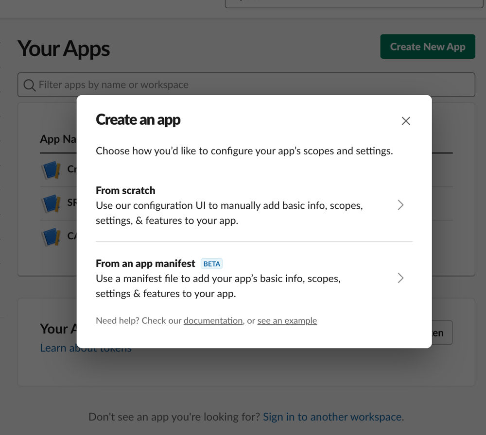 screen shot of the Create App step in Slack