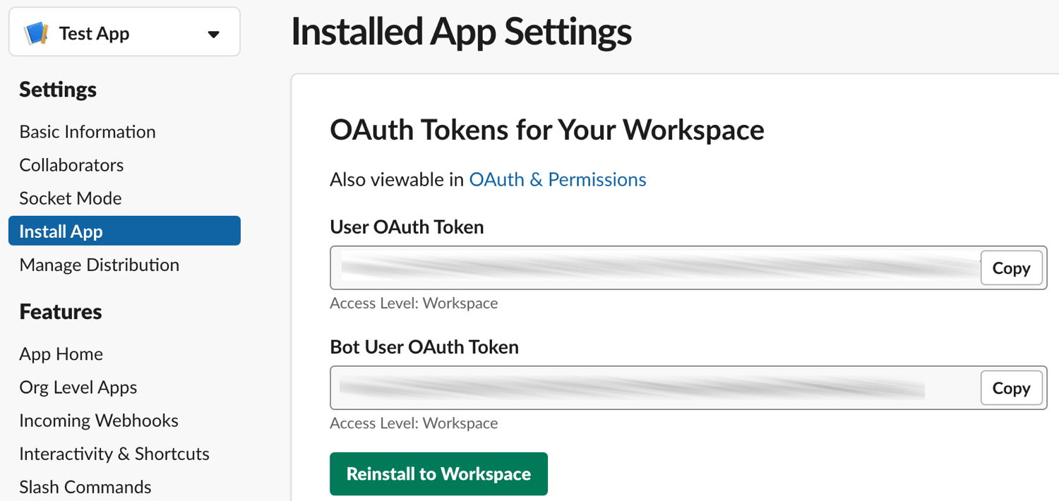 screen shot of the OAuth tokens panel in Slack