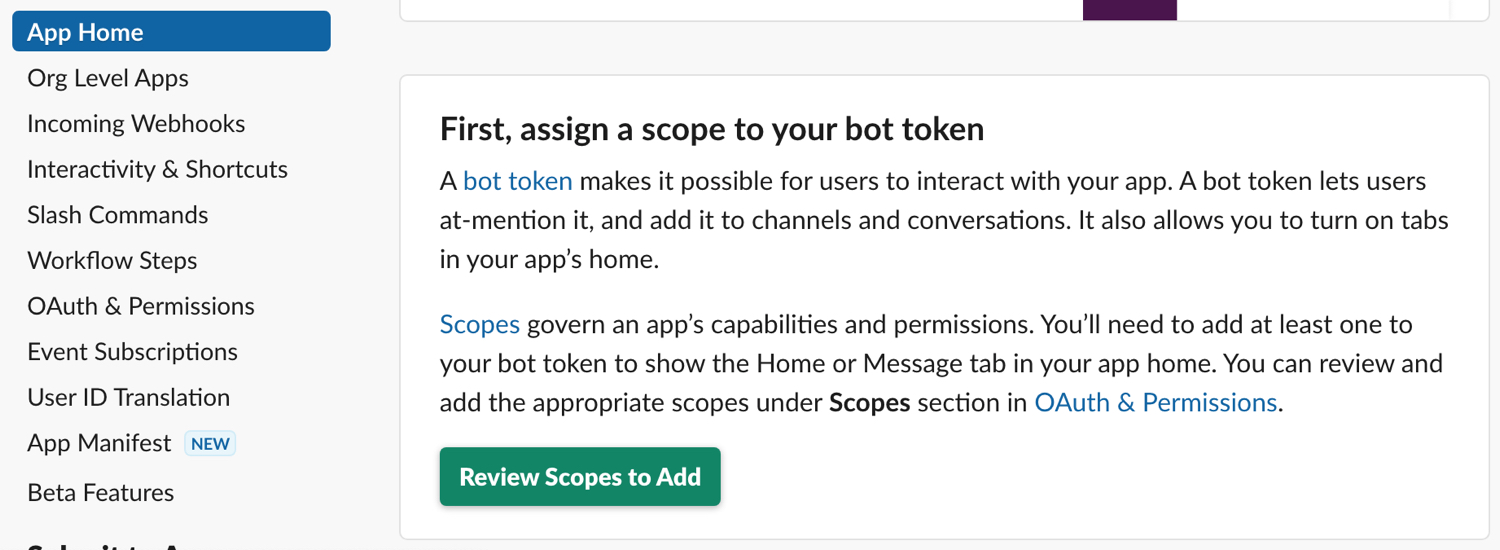 screen shot of the assign scopes step in Slack
